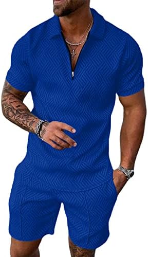Aulemen Mens 2 Piece Zip Tracksuit Short Sleeve Print Polo Shirt and Shorts Sets Summer Outfits for Men Navy S