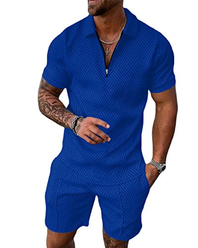 Aulemen Mens 2 Piece Zip Tracksuit Short Sleeve Print Polo Shirt And Shorts Sets Summer Outfits For Men Navy S #TOP2