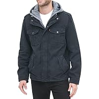 Levi's Men's Washed Cotton Hooded Military Jacket Coat (Navy, Large)