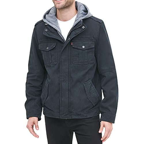 Levi's Men's Washed Cotton Military Jacket with Removable Hood (Standard and Big & Tall), Navy, Medium by Levi's - Used condition - US$60.59
