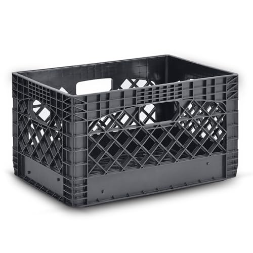 Juggernaut Storage 3-Pack Heavy Duty Plastic Milk Crates with Handles, Black, 24 Quart - Stackable Utility Open Crate Bins for Home, Garage, Dorm, Office, and Vehicle Organization - Thumbnail 6