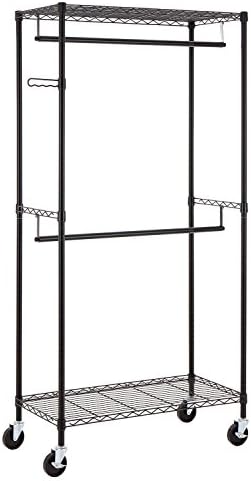 Finnhomy Heavy Duty Rolling Garment Rack Clothes Rack with Double Hanger Rods and Shelves, Portable Closet Organizer with Wheels, 1'' Diameter Thicken Steel Tube Hold Up to 300Lbs, Black