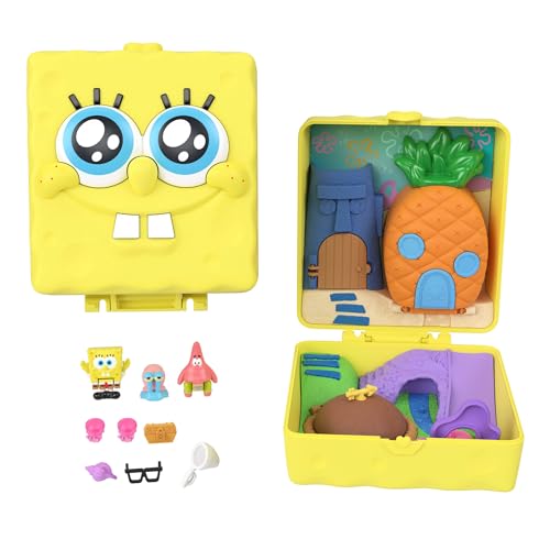 Polly Pocket x Spongebob Partnership-Schatulle Micro-Puppen Spongebob und Patrick und Spielset 7 Zubehörteile mit Haustier Gary JKC84