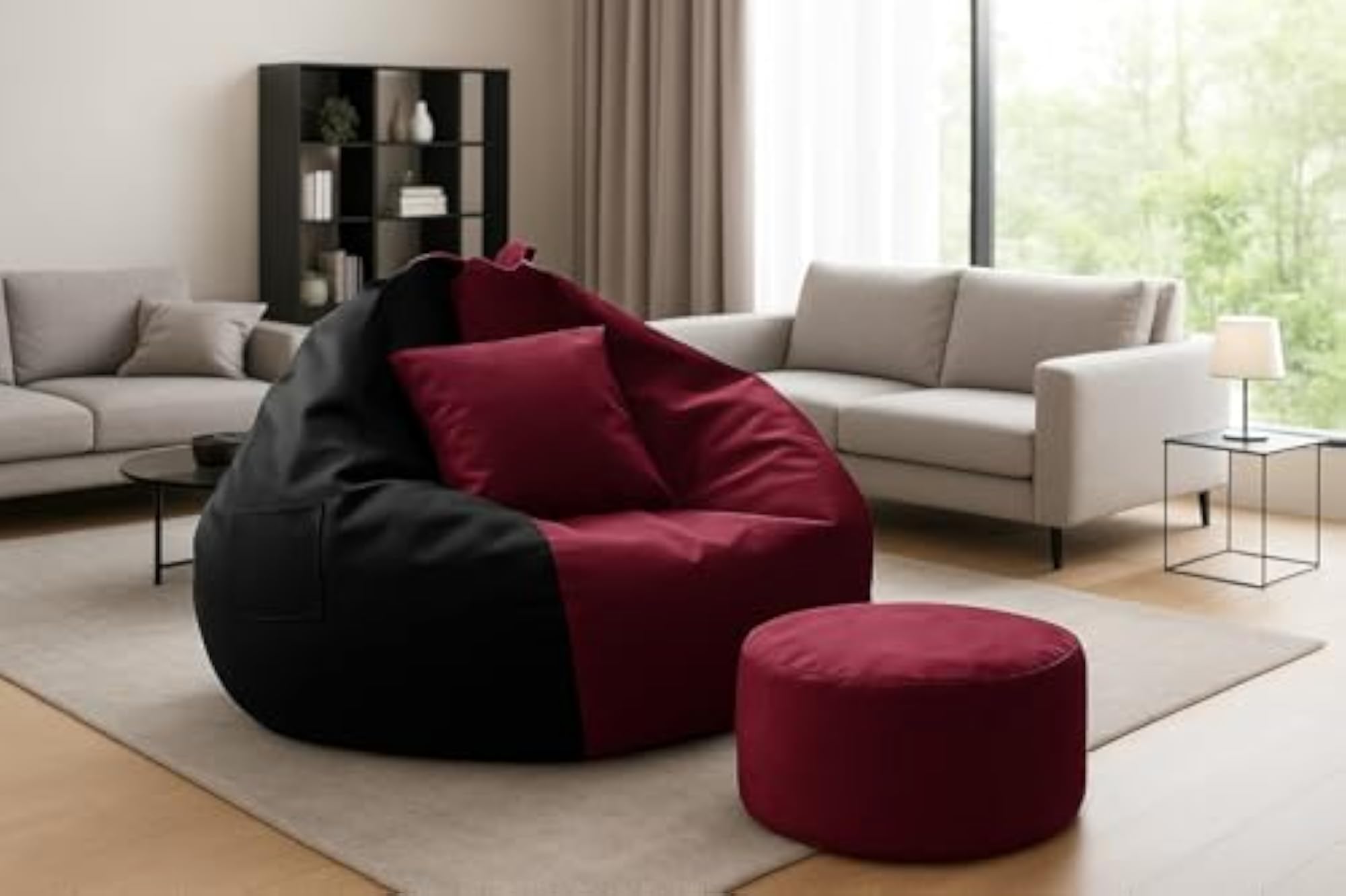 4XL Bean Bag Cover with Footrest & Cushion, Maroon & Black