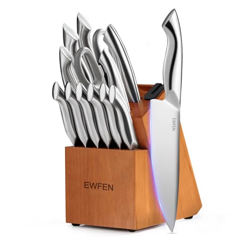 Knife Set, EWFEN 14-Piece Kitchen Knife Set with Block, German Stainless Steel Knives with Built-in Knife Sharpener, Anti-Slip Sharp Knives Set for Kitchen, Dishwasher Safe, Curved Handle