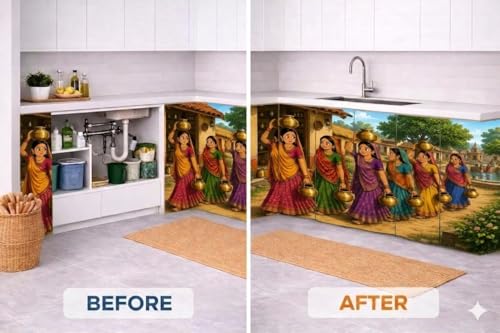 Image of REXOTEX Premium Printed Kitchen Sink Curtain | Kitchen Under Sink Curtain | Decorative Cabinet Cover | Washable & Dustproof | Modern Curtain (1, Women Water Pots)