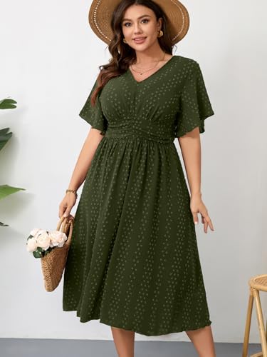Image of RWJ Women's Plus Size Maxi Dress V Neck Short Sleeve Swiss Dot A Line High Waist Boho Swing Casual Summer Dresses