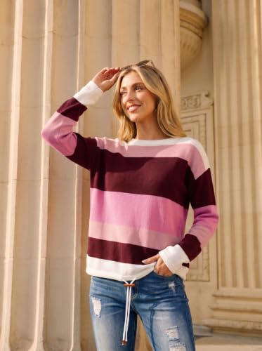 Image of Dokotoo Womens Sweaters Striped Fall Winter Outfits Drawstring Color Block | Long Sleeve,Crewneck,Lightweight Fashion Clothing,Teachers Comfy Outfits,Business Casual Tops,Vacation Wear