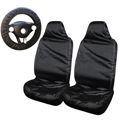 RQcMid Autositzschoner, 3-teiliges Set inklusive Sitzbezüge für Vordersitze und Lenkradschutz, Oxford-Stoff, schwarz, universelle Passform für Fahrersitz und Beifahrersitz