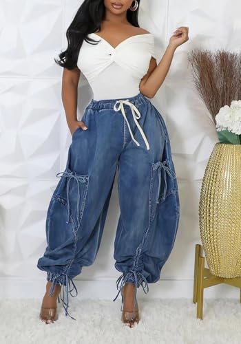 Ptorlio Women's Cargo Jean Elastic Waist Denim Pants Casual Joggers Loose Jeans with Pockets3