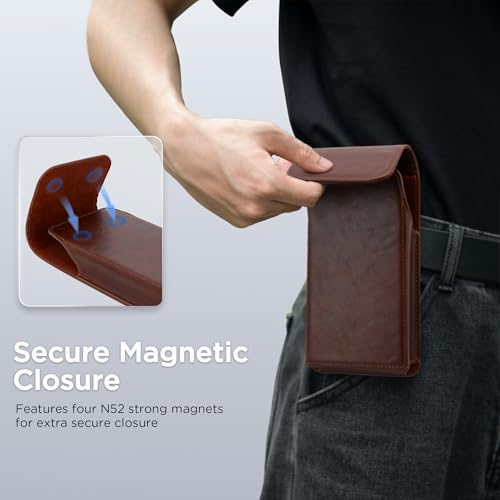 INGIDO Holster for iPhone iPhone 15, 15 Pro, 14, 14 Pro, 13, 13 Pro, 12, 12 Pro, 11, 11 Pro, XR, Galaxy S24, S23, S22, Premium Leather Pouch with Belt Clip Phone Holster Belt Case, Coffee -M