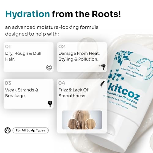 Image of Kitcoz HydraLuxe Moisturising Shampoo with Procapil & Argan Oil, 120ml | Strengthens roots & reduces hair fall for thicker, fuller-looking hair