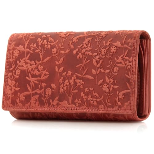 ekavale Portemonnee für Damen mit Blüten Muster RFID-Schutz, Leder Geldbörse Langformat mit Druckknopf (Rot)