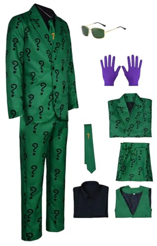 Lumiauio Mens Riddler Cosplay Costume Question Mark Green Blazer Suit Gothic Uniform Full Set Villain Halloween Outfit (Green Large)