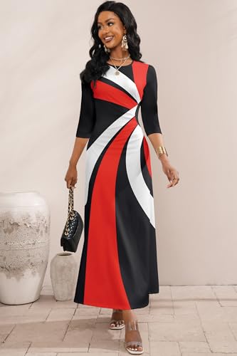 Image of Runwind Maxi Dress for Women with Ruched Waist - Semi-Formal 3 /4 Sleeve Crew Neck Long Dresses for Wedding Guest & Church