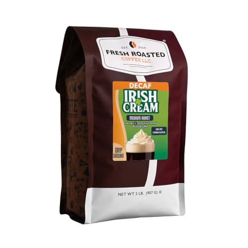 Fresh Roasted Coffee, Decaf Irish Cream Flavored Drip Ground Coffee, Medium Roast, Kosher, 2 lb (32 oz)