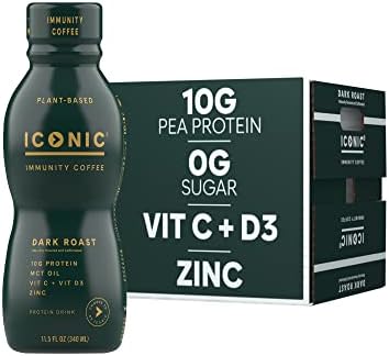 Iconic Protein Coffee, Dark Roast - Keto Coffee with Vitamin D3, Vitamin C, Zinc, MCT Oil (1g), Pea Protein Powder (10g) - 200mg Caffeine - Sugar Free, Gluten Free, Dairy Free, Nothing Artificial - 12 Pack