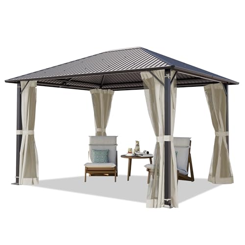 TOOLPORT Garden Pavilion 3x3.65 m with Steel Canopy - Hardtop Gazebo with 4 Curtains and Mosquito Nets in Cream