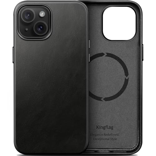 Coque cuir iPhone 14 compatible chargement sans fil et boutons métal