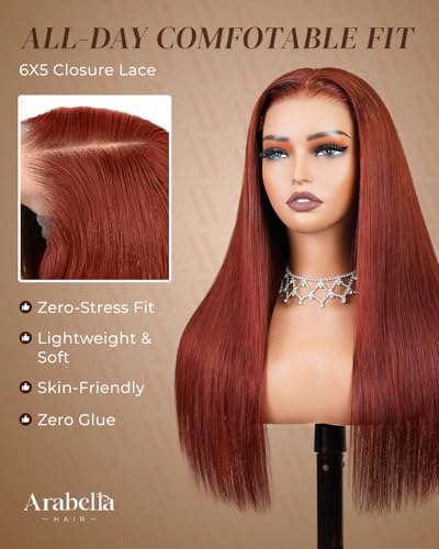 Image of Arabella 6x5 Lace Reddish Brown Glueless Human Hair Straight Wig 20 Inch