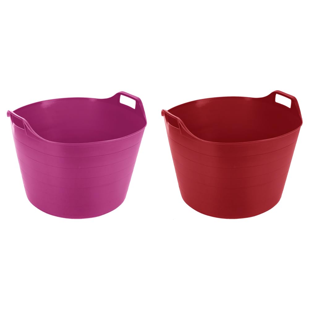 (Set of 2) 75L Litre Blue And Sky Blue Robust Versatile Extra Large Flexi Tub Garden Home Flexible Plastic Storage Container Bucket Trugs Horse Feeder Flex Tub- MADE IN UK (Pink + Red)