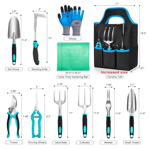 Garden Tool Set with Non Slip Rubber Grip,11 Piece Stainless Steel Gardening Tool Sets,Thickened Repotting Mat & Storage Tote Bag,Heavy Duty Outdoor Hand Tools Uprooting Weeding Tool, Ideal Gifts Blue - Image 3