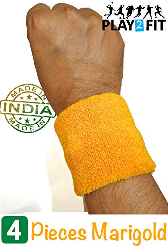 Image of Play2Fit 4 Cotton Wristband (2 Pair) Soft Sweatband For All Sport, Stretchable, Sweat Absorbent Supports Wrist Made In India (Marigold, 3 Inch)
