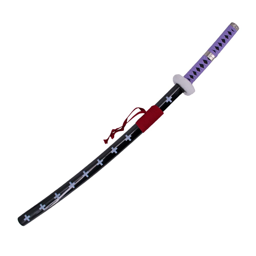 Katana S5017 di Trafalgar Law di One Piece, replica non ufficiale, lama in acciaio nero da 102 cm, impugnatura con avvolgimento marrone chiaro e tsuba rivestita in velluto, con supporto. Rif. S5017