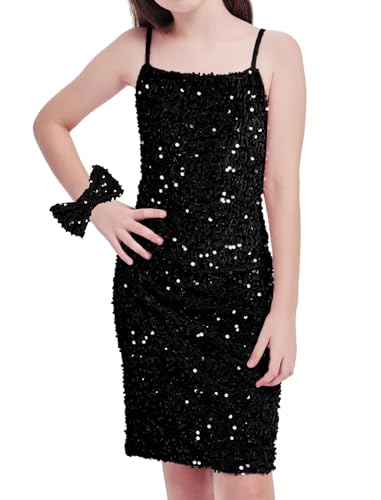 Mebius Girls Sequin Party Dress Bodycon Spaghetti Strap Mini Sparkle School Dance Birthday Special Occasion Dress 8-14Y