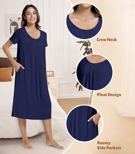 Image of NACHILA Women's Nightgowns-Viscose Made from Bamboo,Short Sleeve Nightshirt Soft Sleep Shirts Cool Sleep Dress with Pockets