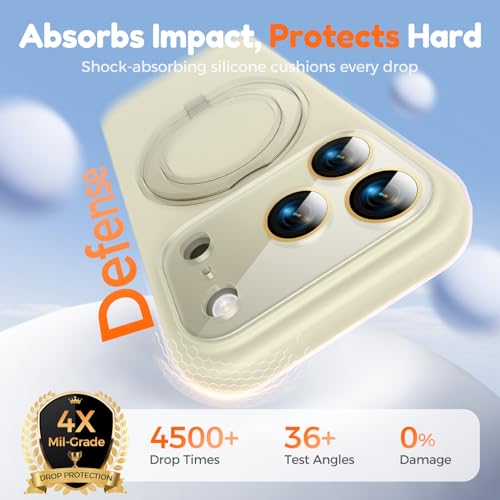 Image of Silicone 360 Spin Magnetic Stand Case for iPhone 17 Pro Max, [Compatible with Mag-Safe][Reinforced Hard Camera Protection] Liquid Silicone Rubber Phone Cover with Ring, Camera Button, Ivory