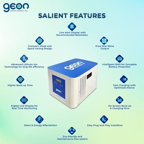 Image of Geon GELITHIUM, 1250 VA Pure Sine Wave Inverter Integrated with 1280Wh Lithium-Ion Battery for Home, Office & Shop, 100 Ah, Long Backup Equivalent of 160 Ah, Smart BMS, 5 yrs Warranty