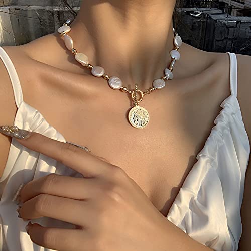 Y2K Pearl Choker Necklace Baroque Cultured Handpicked Pearl 18K Gold Plated Bead Ball Chain Coin Charm Pendant Vintage Jewelry Gifts for Women Men2