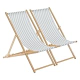 Harbour Housewares Folding Wooden Deck Chairs – Sage Grey Stripe – Pack of 2 – Adults Traditional Foldable Reclining Outdoor Canvas Sun Lounger Chair Seat for Garden Patio, Beach, Camping