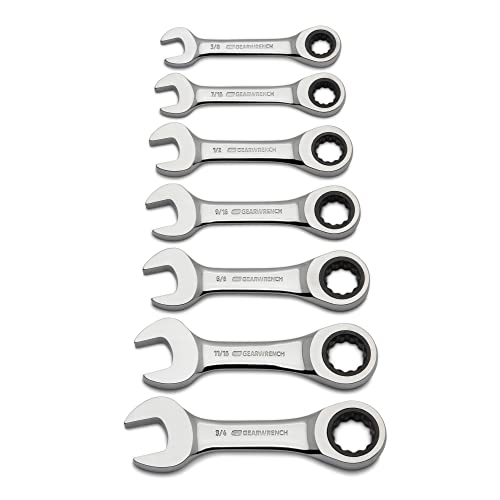 GearWrench 7 Pc. 12 Pt. Stubby Ratcheting Combination Wrench Set, SAE - 9507D, Full Polish Chrome - Image 4