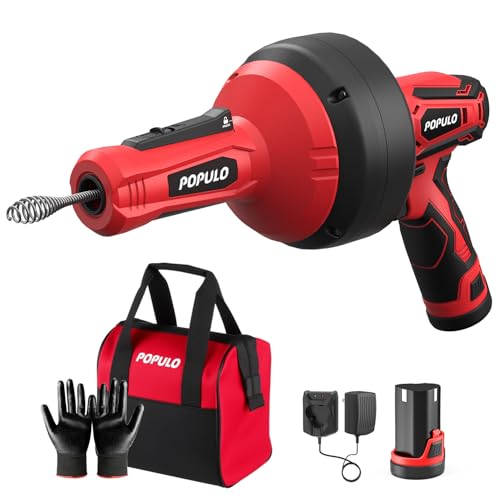 POPULO 12V Cordless Electric Drain Auger, Auto Feed Plumbing Snake