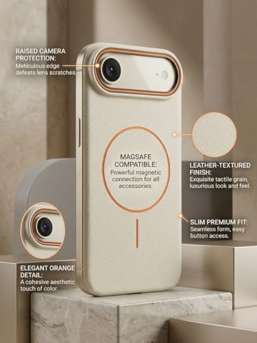 Image of amazon basics Luxury MagSafe Compatible Leather Texture Back Cover for iPhone 17 Air | Raised Camera Protection | Slim Fit Shockproof Case with Metallic Accents (White)
