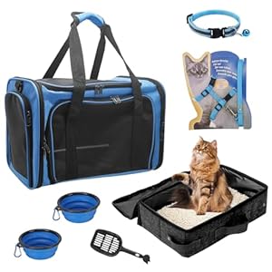 Cat Travel Carrier Kit, Cat Carrier Soft-Sided & Foldable Cat Travel Litter Box with Lid, Fit for Pet Cats or Kittens Up to 20Lbs, 17.7′ * 11.8 * 11.8 inches Cat Bag