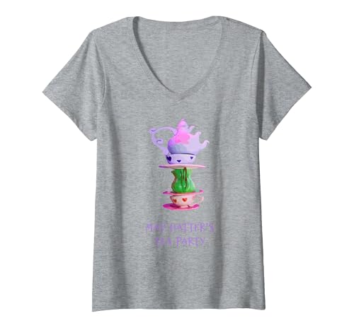 Image of Women's Mad Hatter's Tea Party - Alice in Wonderland V-Neck T-Shirt, Heather Grey, Medium