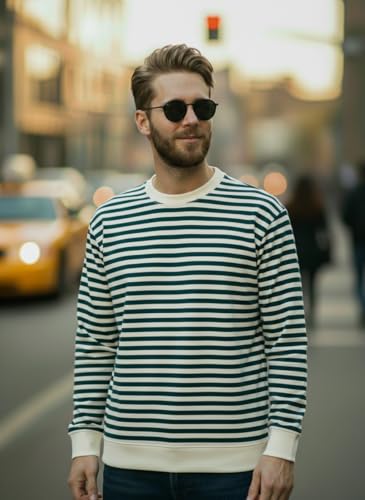 Image of Mack Jonney Men's Black Cotton Full Sleeve T-Shirt | Soft Breathable Casual Wear | Stylish Striped Round Neck Tshirt-JMAK-107