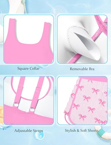 Image of Girls Swimsuit One Piece Swimsuits Color Block Bathing Suit for Girls Adjustable Strap Padded Swimwear with Shorts