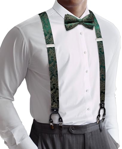 Image of YOHOWA Men Suspenders 6 Clips Strength Adjustable Y Braces Pre-Tied Bow Tie Set Formal Wedding Party