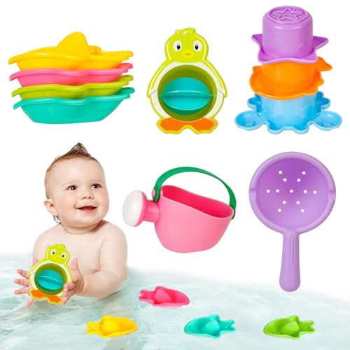 Juguetes Baño Bebe, 10 Pcs Juguetes de Baño para Bebés y Niños de 1-4 Años | Set con Juguetes de Agua, Juguetes Apilables y Juego de Arena | Ideal para Bañera, Pileta y Playa
