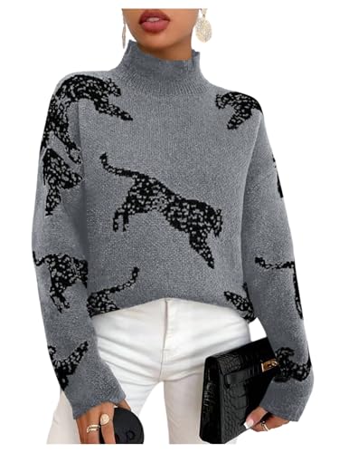Image of WDIRARA Women's Leopard Tiger Print Sweater High Neck Long Sleeve Fuzzy Knitted Pullover Top