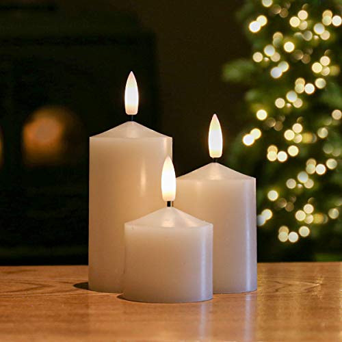 Festive Lights - Vela LED de cera auténtica con efecto de llama real en 3D, llama increíblemente real con efecto de mecha encendida, funciona con pilas, color crema, mini 3 unidades (5 cm/7 cm/10 cm)