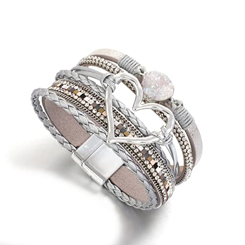 Leather Wrap Bracelet for Women Beaded Cuff Bracelet with Heart-shape Decor Bohemian Crystal Bracelet Jewelry with Clasp Bangle Bracelet for Women Girls Birthday Holiday Gift3