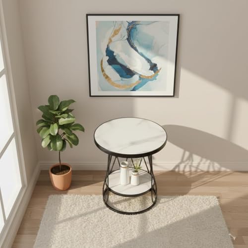 Image of Modern Side Table Corners Living Room Square Table Double Tier Sofa Side Table,Round Base Coffee Table,Portable Bedroom Nightstands Small Space (Black Gold)