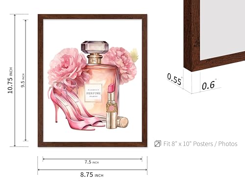 Image of Poster Master Pink Designer Print - Fashion Poster - Shoes, Lipstick & Perfume Art - Chic Gift for Women & Fashionista - Glam Decor for Bedroom or Girl's Room - 8x10 Brown Framed