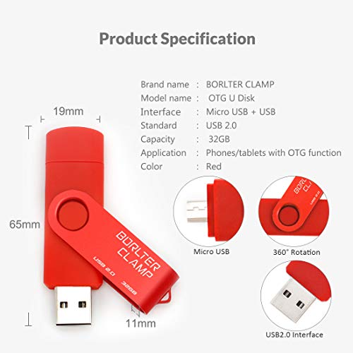 Image of BorlterClamp 32GB USB Flash Drive Dual Port Memory Stick, OTG Thumb Drive with Micro USB Drive Port for Android Smartphone Tablet & Computer (Red)