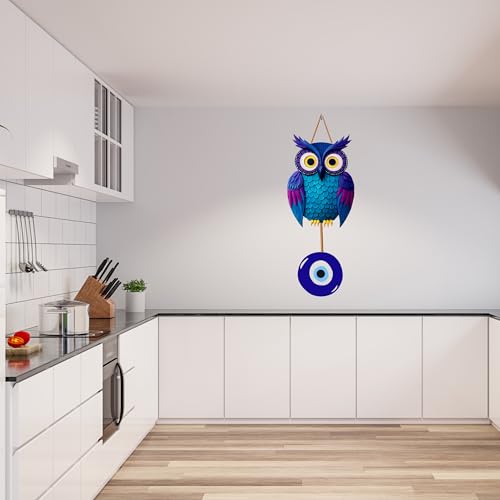 Image of GENXTRA Blue Owl with Evil Eye Charm - MDF Home Wall Decor MDF Wall Hanging Signs for Home Entrance, Drawing Room, or Balcony | Decorative Plaques for Housewarming (HOME 06)